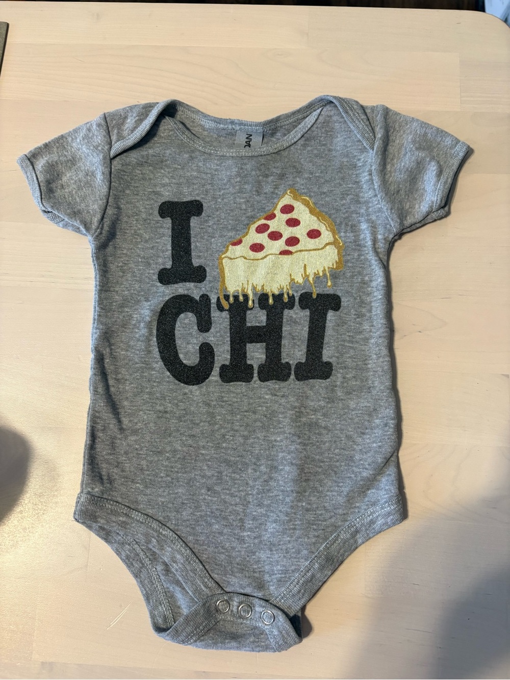 Gildan Gray Baby One-Piece onesie with Pizza "CHI" Graphic